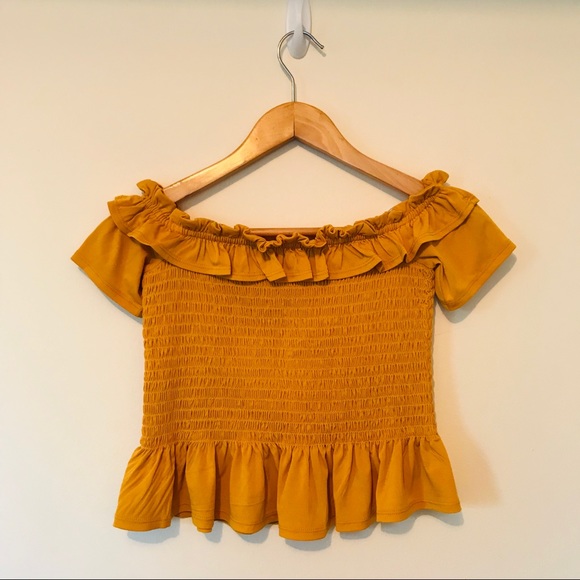 Mustard Smocked Off Shoulder Crop Top - Picture 6 of 6